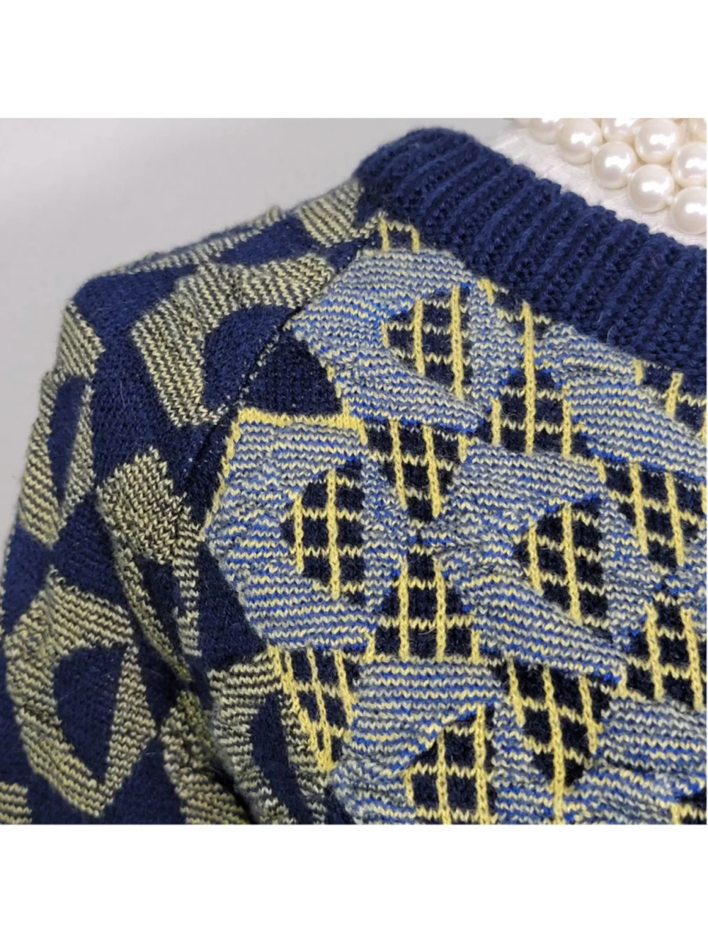 Kerisma Knit Crew Neck Sweater Pencil Midi Skirt Matching Set Blue Geometric S